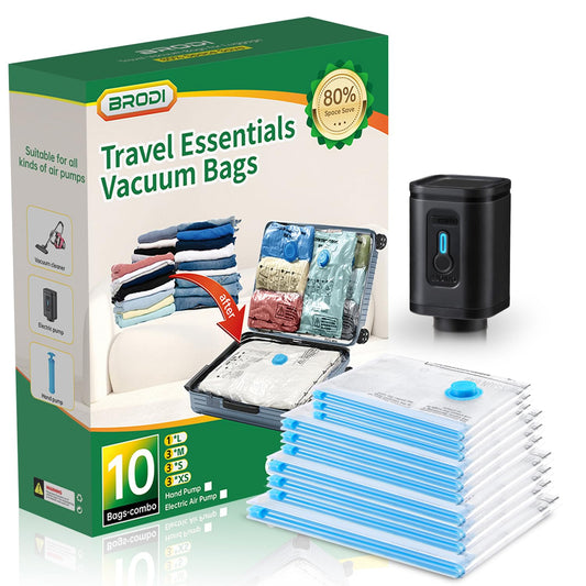 BRODI 10 Combo Pack Travel Vacuum Bags with Pump - Space Saver & Travel Essentials, Clothing & Luggage Vacuum Seal Bags