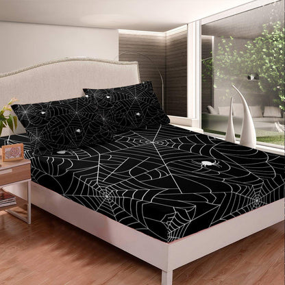 Boys Spider Web Printed Bedding Set for Kids Children Halloween Themed Bed Sheet Set Decorative Scary Spider Pattern Fitted Sheet Black White Animal Theme Bed Cover Full Size 3Pcs