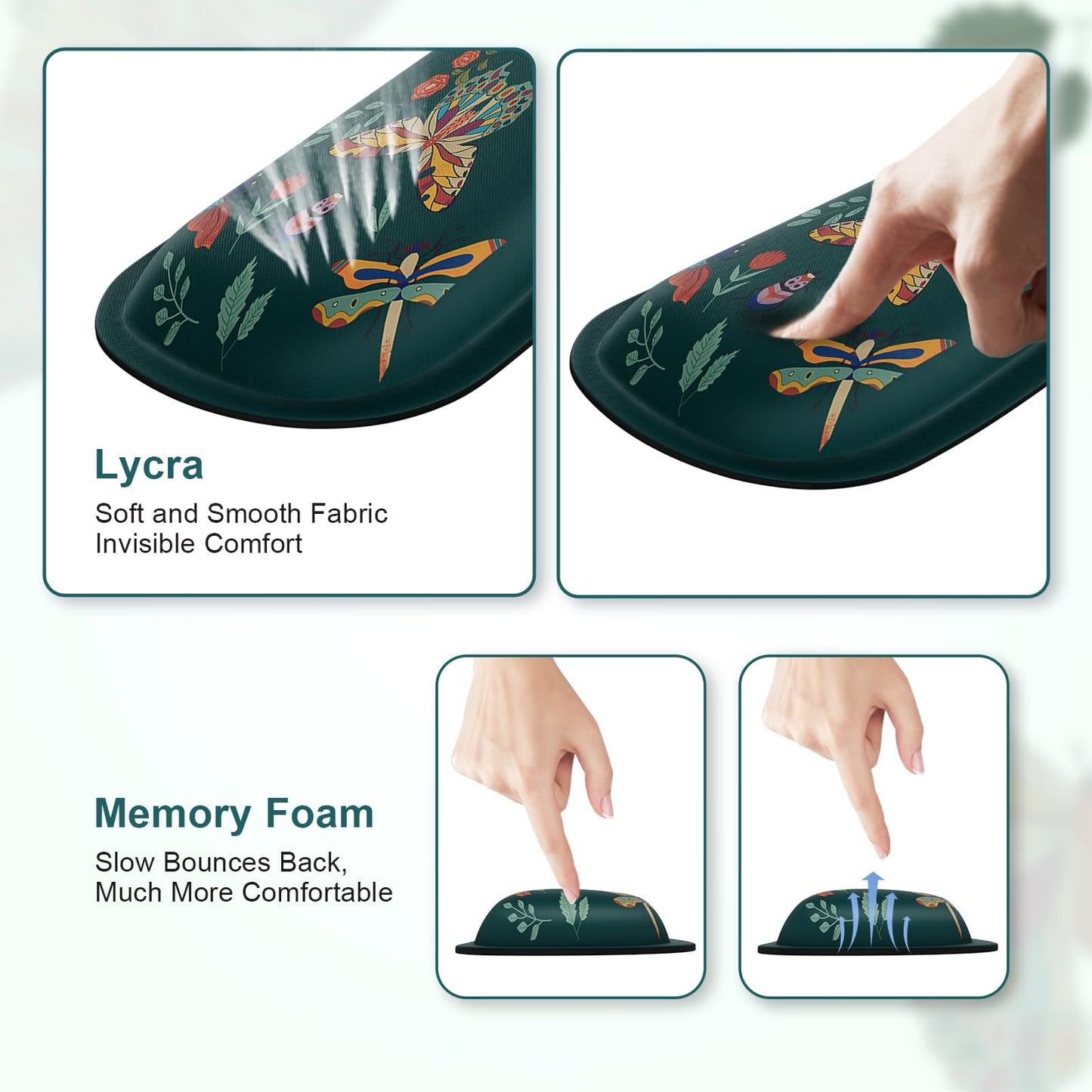 iCasso Ergonomic Mouse Pad with Wrist Rest, Keyboard Wrist Rest Mouse Wrist Rest, Made of Memory Foam, Easy Typing and Relieve Wrist Pain for Computer Keyboard Office(Green Butterfly)