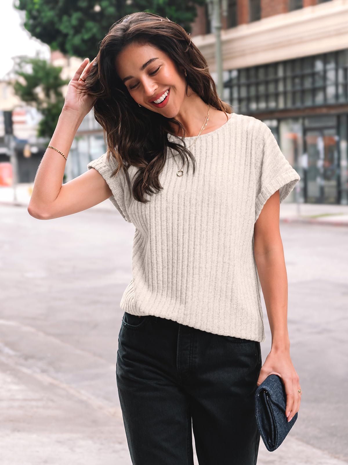 AUTOMET Women Textured Shirts Fall Sweaters Loose Fit Short Sleeve Tunic Tops 2025 Dressy Casual Business Blouses Apricot S