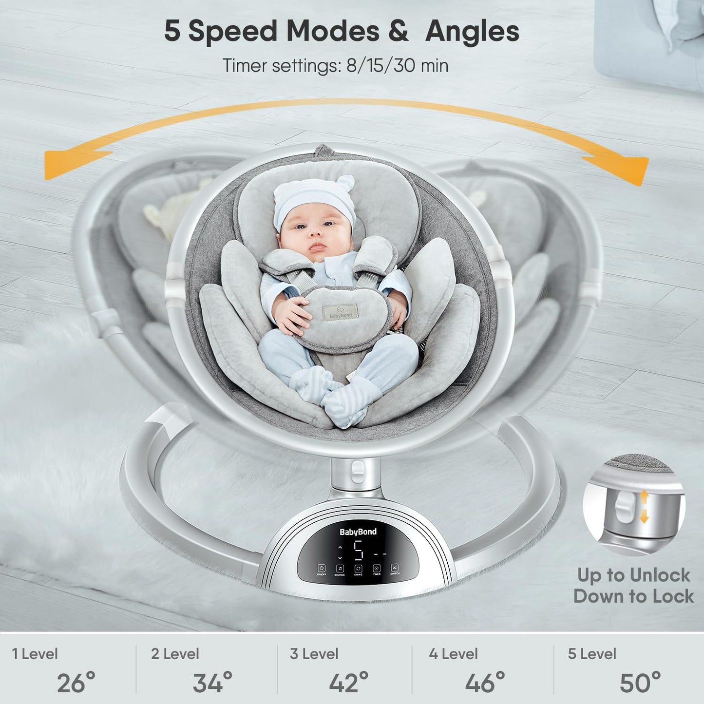BabyBond Baby Swings for Infants, Bluetooth Infant Swing with Music Speaker, 3 Seat Positions, 5 Point Harness Belt, 5 Speeds and Remote Control - Portable Baby Swing for Indoor and Outdoor (Silver)