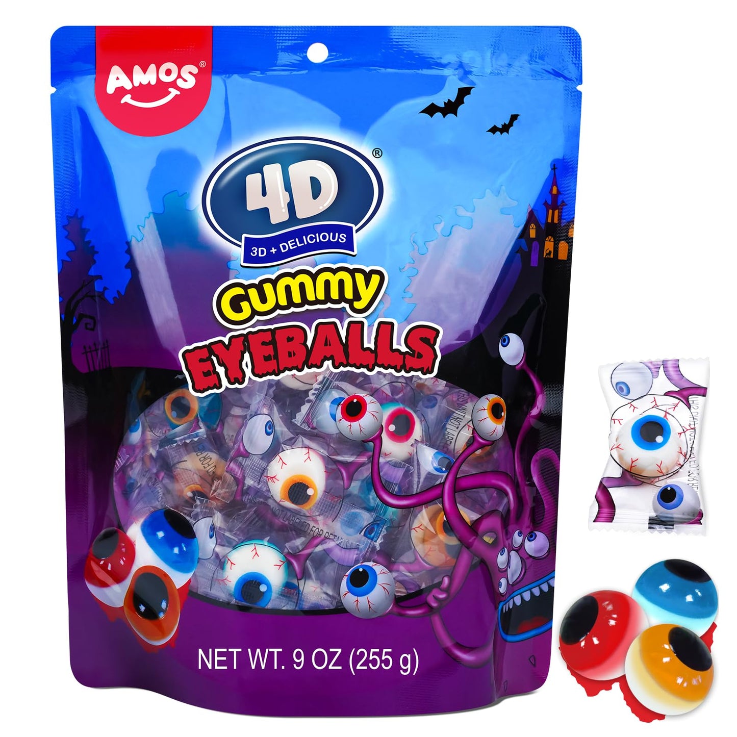Amos Eyeball Gummy Candy – Halloween Gummy Eye Candy Treats for Kids & Parties, 3D Gummy Eyeballs, Individually Wrapped, 40 Count, 9oz Bag