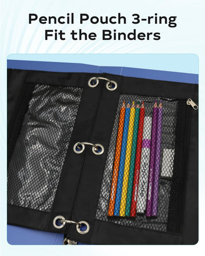 ASBEFORE Pencil Pouch for 3 Ring Binder - 3 Hole Zipper Pen Case Bag Holder Bulk Accessories Clear Window Aesthetic Organizer Pockets (Black, 1)