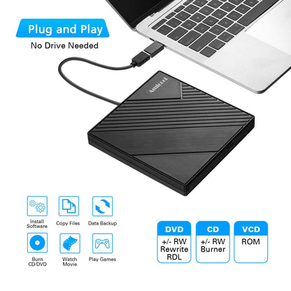 Amicool External DVD Drive USB 3.0 USB C CD Burner CD/DVD +/-RW Optical Drive, Slim Portable DVD CD ROM Rewriter Writer Duplicator for Laptop Desktop PC Windows 11/10/8/7 MacBook Mac Linux OS Apple