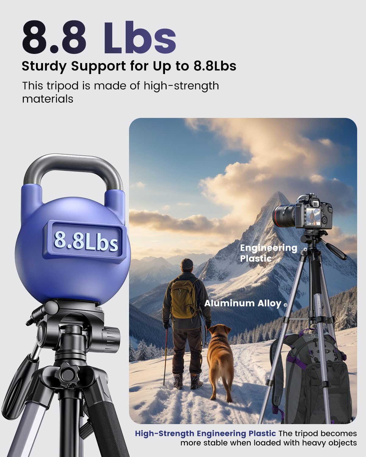 CAMBOFOTO 74"-Camera-Tripod, Professional Aluminum Tripod/Leg Stand Mirrorless Camera/DSLR/Cell Phone/Camcorder/GoPro, with Phone Holder and Travel Bag (Gunmetal Gray) Weight 2.8 lbs Load 8.8 lbs