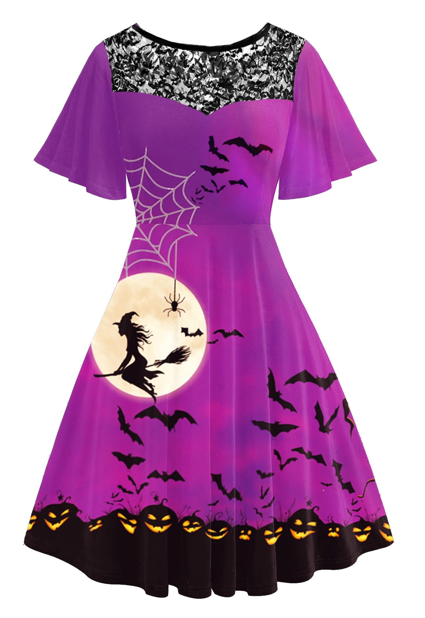 Womens Halloween Flutter Sleeve Dresses Lace Patchwork Vintage Flare Swing A-Line Dress XXL