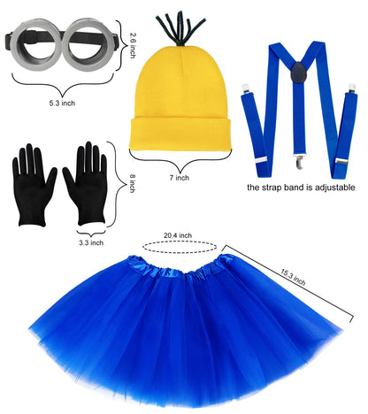 WISHTEN Halloween Costume for Adult Women,Goggles/Yellow Beanie/Blue Dress/Suspenders/Gloves Halloween Costume Accessories