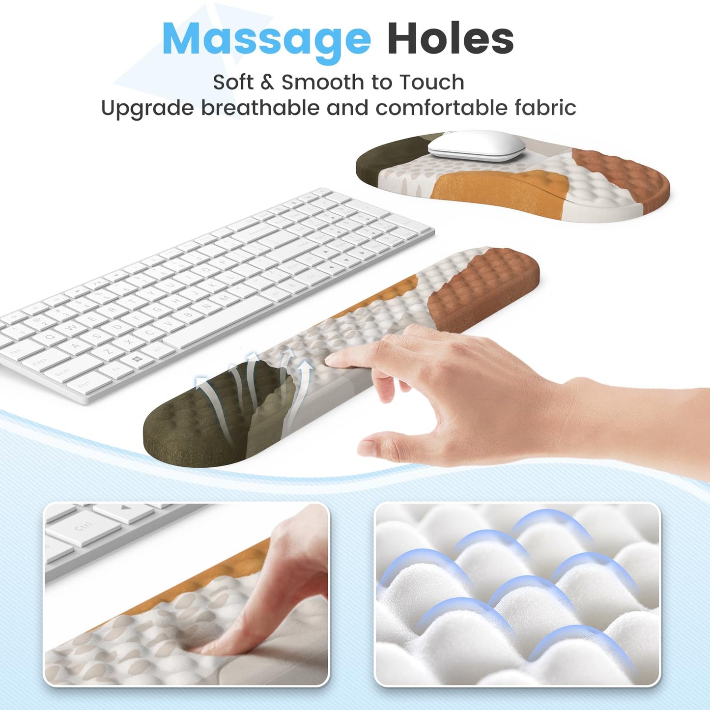 HAOCOO Ergonomic Mouse Pad with Wrist Rest and Keyboard Wrist Rest, 3 PCS Computer Carpal Tunnel Mouse Pads for Desk with Coaster Set, Memory Foam Keyboard Wrist Support for Laptop Office, Boho Beige