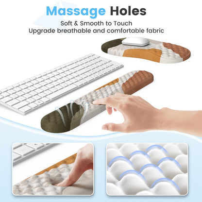 HAOCOO Ergonomic Mouse Pad with Wrist Rest and Keyboard Wrist Rest, 3 PCS Computer Carpal Tunnel Mouse Pads for Desk with Coaster Set, Memory Foam Keyboard Wrist Support for Laptop Office, Boho Beige