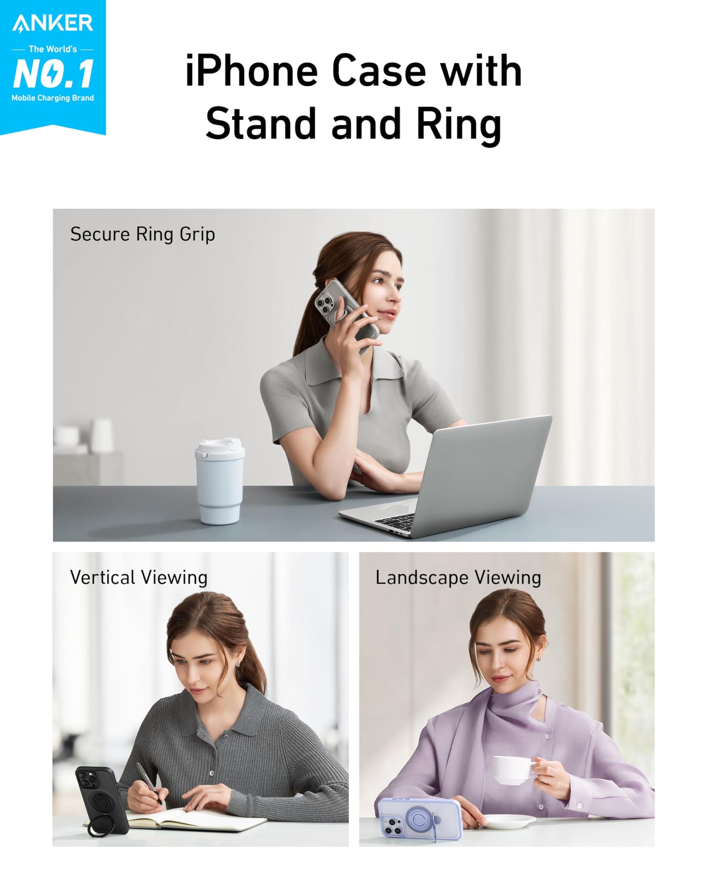 Anker Magnetic Ring Stand for iPhone 15 Case, Silicone Finger Ring Grip Stand Holder, Military Grade Drop Tested, Compatible with MagSafe, Built in Kickstand, Soft Edge Anti-Fingerprint, Black