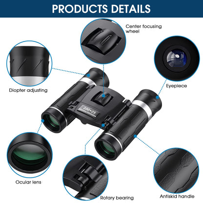 200x25 Compact Binoculars for Adults and Kids, High Powered Mini Pocket Binoculars, Waterproof Small Binocular for Bird Watching, Hunting, Concert, Theater, Opera, Traveling, Sightseeing