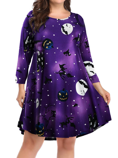 BELAROI Womens Halloween Dress Plus Size Dress Fall Dresses Casual 3/4 Sleeve T Shirt Dresses Swing Tunic Dress Pumpkin, Witch, Horror Pattern Print with Pockets (1X, Flower61)
