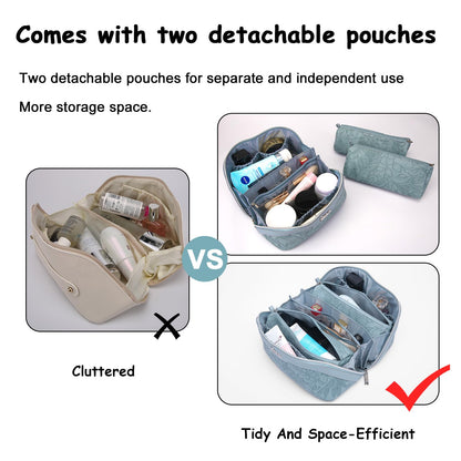 BOYATU Travel Makeup Bags Cosmetic Organizer Bag: 3-Set Large Capacity Make up Bag - PU Leather Toiletry Bags for Women - Wide Open Portable Pouch with Divider & Handle (01-Light Blue)