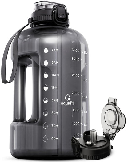 AQUAFIT 1 Gallon Water Bottle with Time Marker - Straw & Chug Lid - BPA Free Gym Water Bottle with Straw - Big Gallon Jug (Gray, 128 oz - 2in1 Lid)
