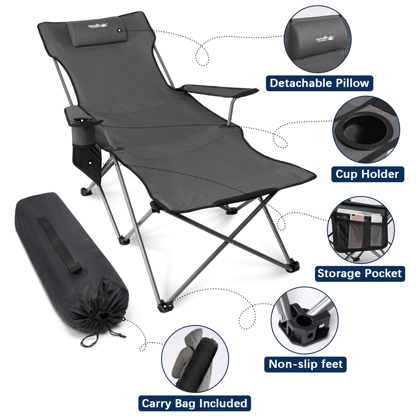 apollo walker Camping Chairs for Adults - 6 Legged Beach Chair with Foot Rest, Adjustable 90° - 135° Reclining Lounge Chair Outdoor, Folding Chairs for Outside with Detachable Pillow & Carry Bag Grey