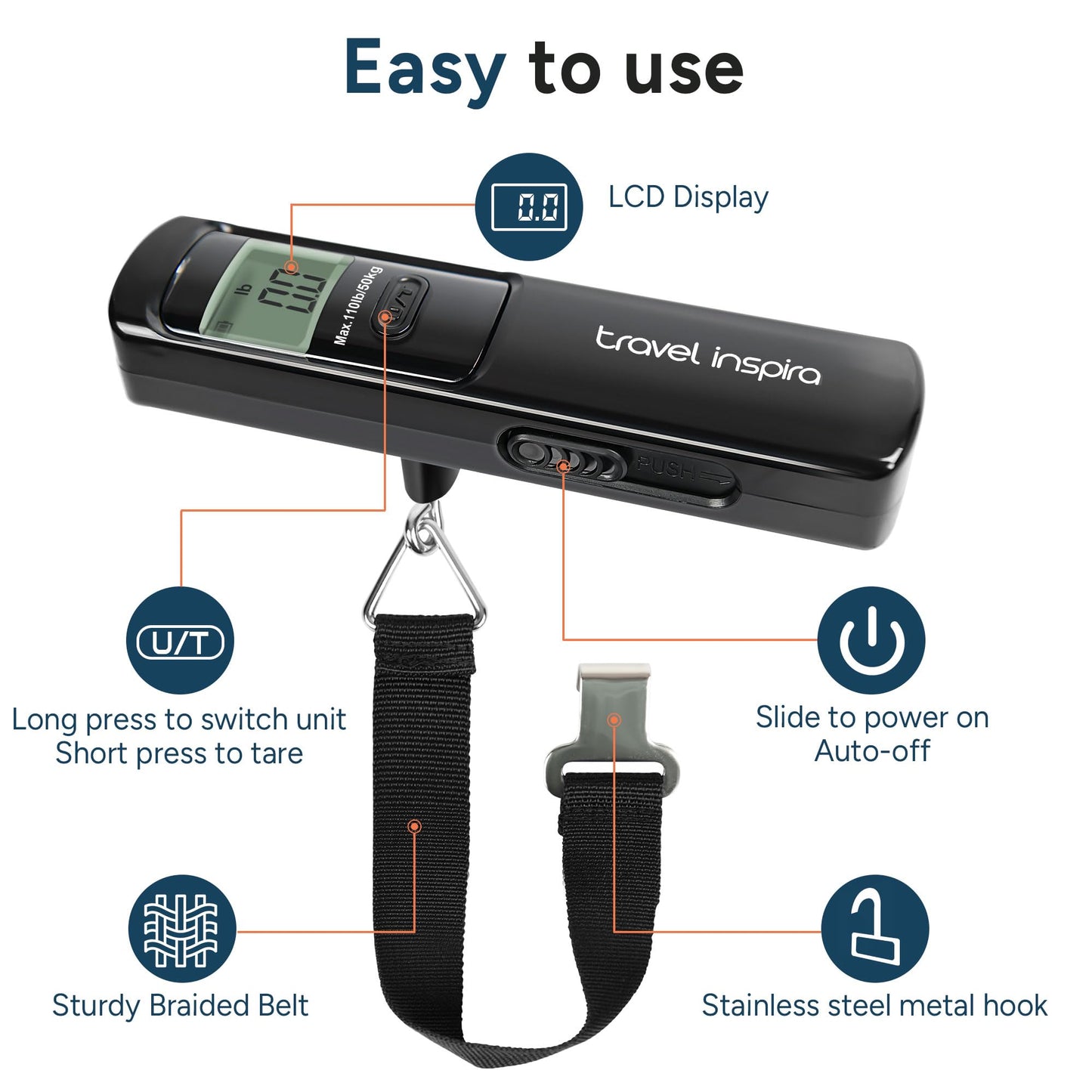 Battery-Free Luggage Scale, Suitcase Scale for Travel, 110 lbs/50 kg, Portable Handheld Weight Scale, No Batteries Needed