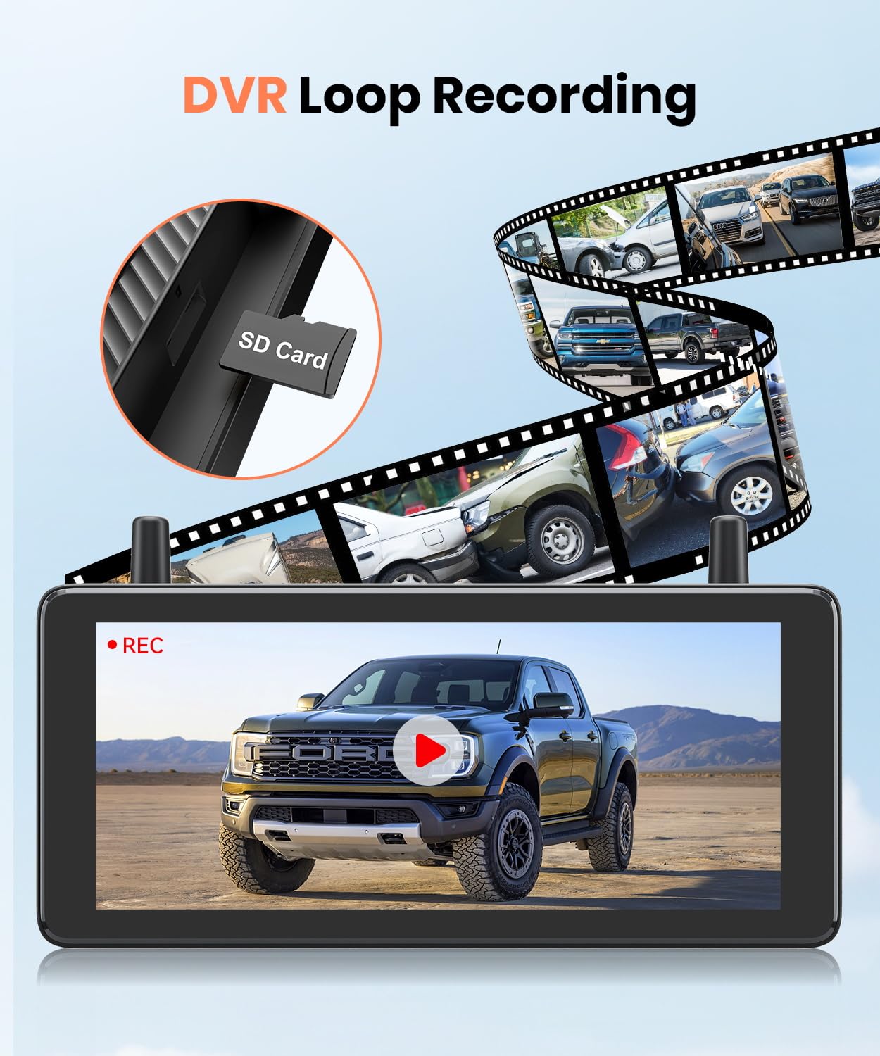 AUTO-VOX 7.2" DVR Portable Solar Wireless Backup Camera:HD 1080P 2 Min Quick Installation Support 2 Split Screen Back up Camera, IP69K Waterproof Reverse Camera for Car, Van, SUV, Truck, Trailer