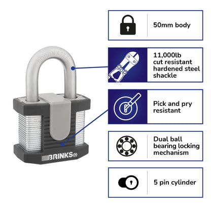 BRINKS - 50mm Commercial Laminated Steel Keyed Padlock - Solid Steel Body with Boron Steel Shackle, Chrome
