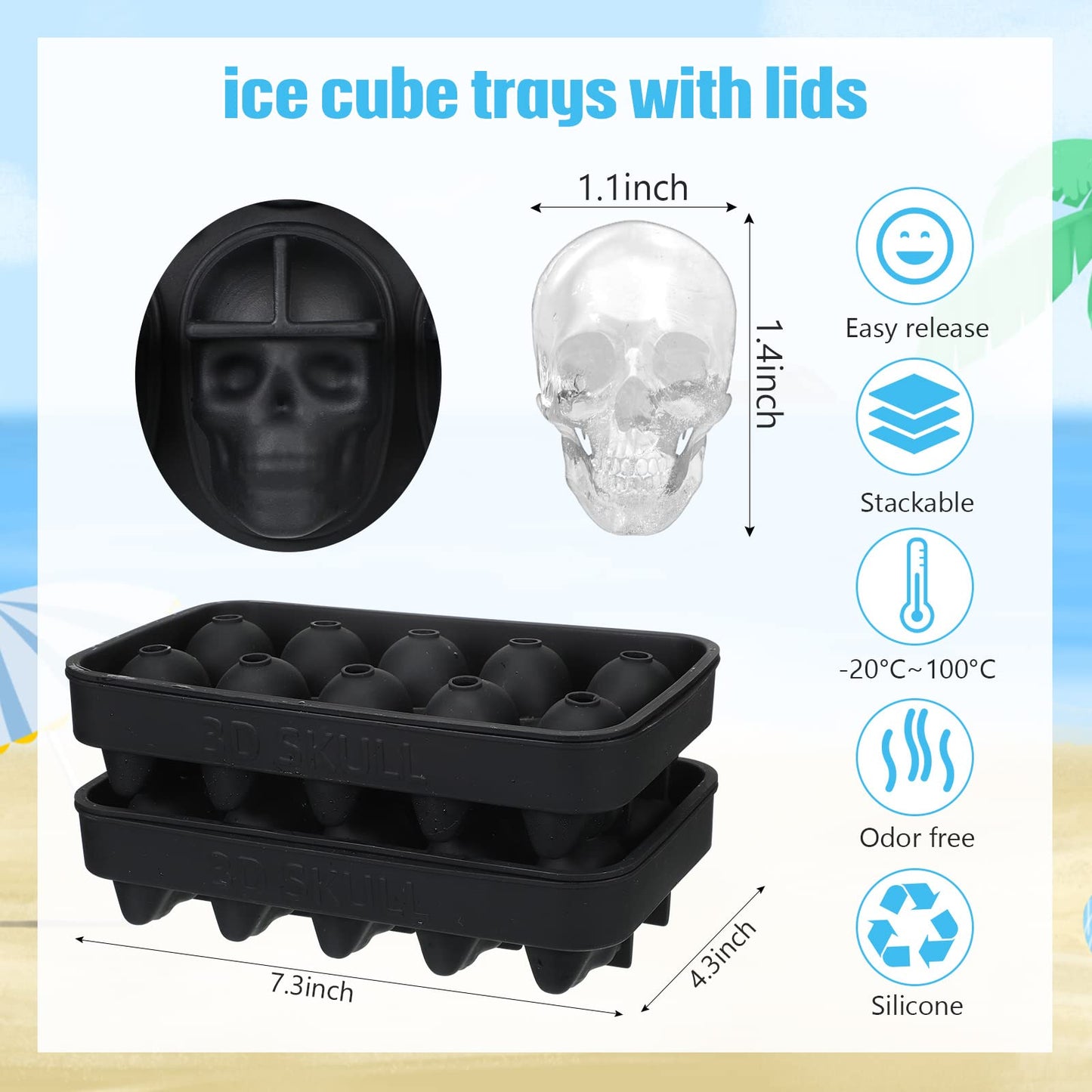 Hoolerry 2 Pack Silicone Skull Ice Cube Maker Mold Flexible Skull Ice Cube Tray for Whiskey Baking Chocolate Candy Resin