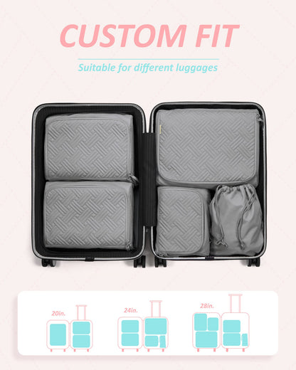 BAGSMART Quilted Packing Cubes for Travel, 6 Set Packing Cubes for Suitcases, Lightweight Travel Cubes (1 L+3 M+1 S+1 Shoe Bag) Suitcases Organizer, Grey