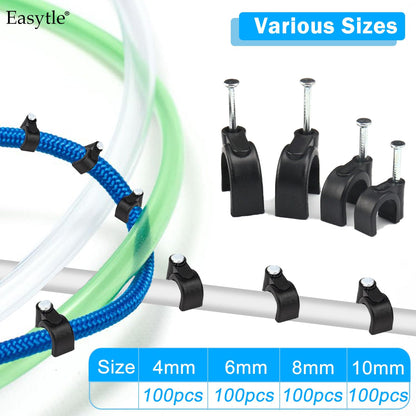 400pcs Black Cable Clips 4/6/8/10mm Cable Wire Clips Nail in Cable Clips Cable Tacks Coaxial Nail Clamps Cable Nails for Cords Cable Management RG6 RG59 CAT6 RJ45 Ethernet Cable Clips Coax Clamps