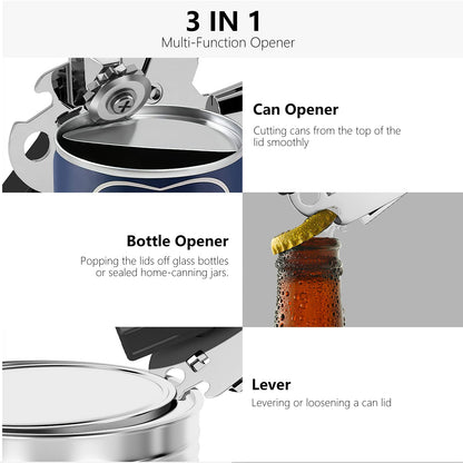 Can Opener,Professional 3-In-1 Multifunctional Manual Can Openers Bottle Opener,Kitchen Durable Stainless Steel Heavy Duty Can Opener Smooth Edge for Kitchen Seniors Friendly (Black)