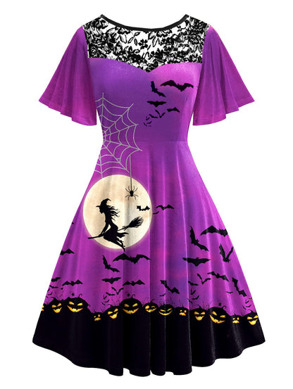 Womens Halloween Flutter Sleeve Dresses Lace Patchwork Vintage Flare Swing A-Line Dress XXL