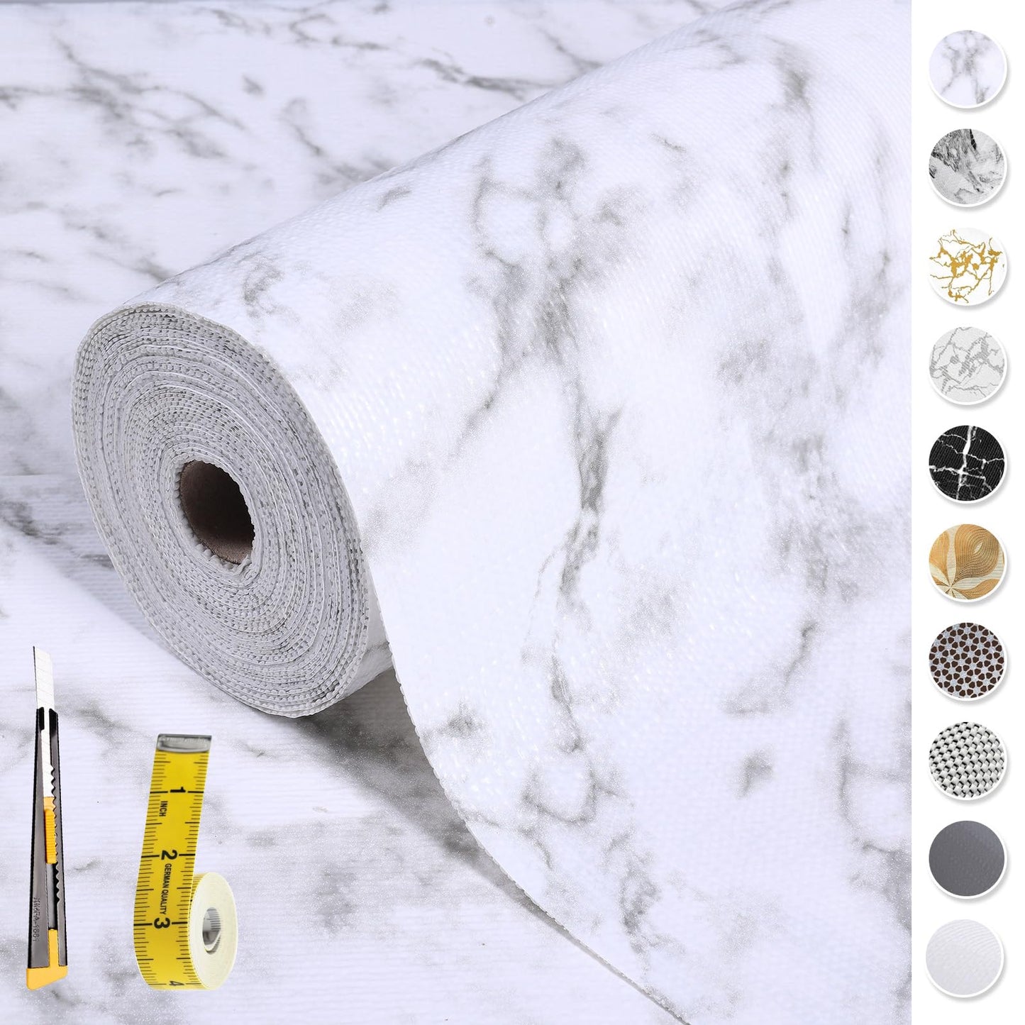 2-Layer Drawer and Shelf Liner for Kitchen Cabinet: 12 in X 20 Ft Non Slip Waterproof Shelf Paper Non Adhesive Refrigerator Liners White Marble Easy Liners for Bathroom with Knife Tape Measure