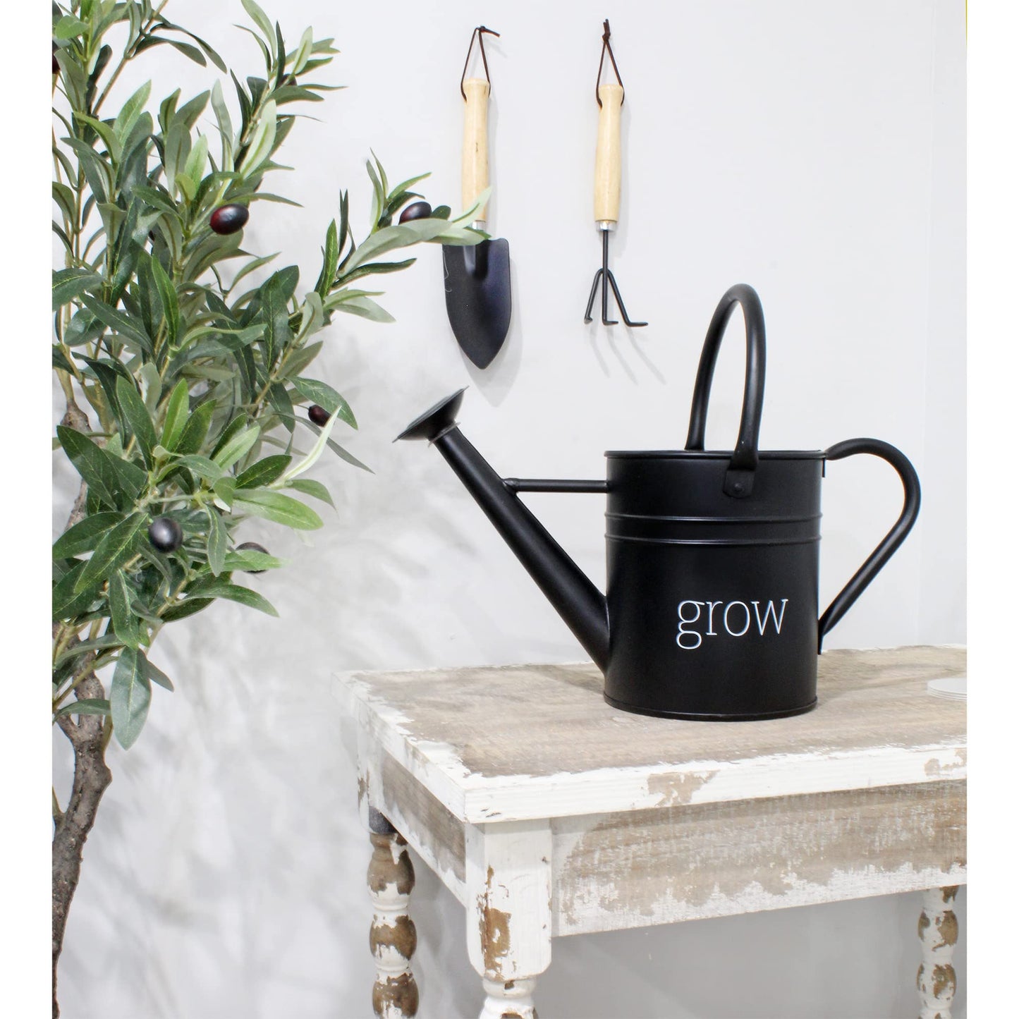 AuldHome Design Farmhouse Enamel Watering Can (Black); Rustic Metal Watering Pitcher for Home Decor and Gardening