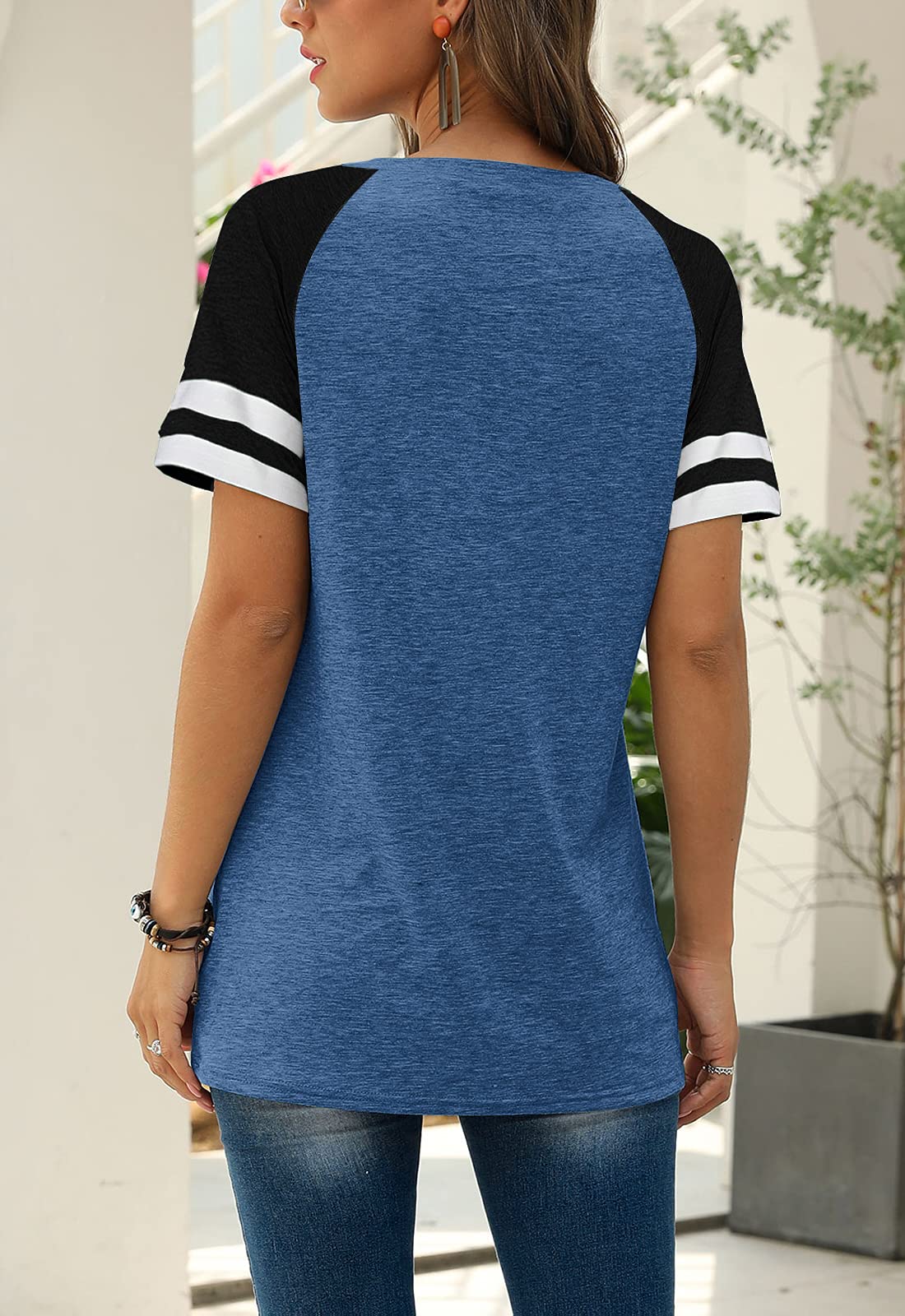 Adibosy Women Summer Casual Shirts: Short Sleeve Striped Tunic Tops - Ladies Loose Crew Neck Tee Tshirt Blouses Blue L