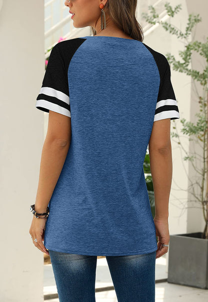Adibosy Women Summer Casual Shirts: Short Sleeve Striped Tunic Tops - Ladies Loose Crew Neck Tee Tshirt Blouses Blue L