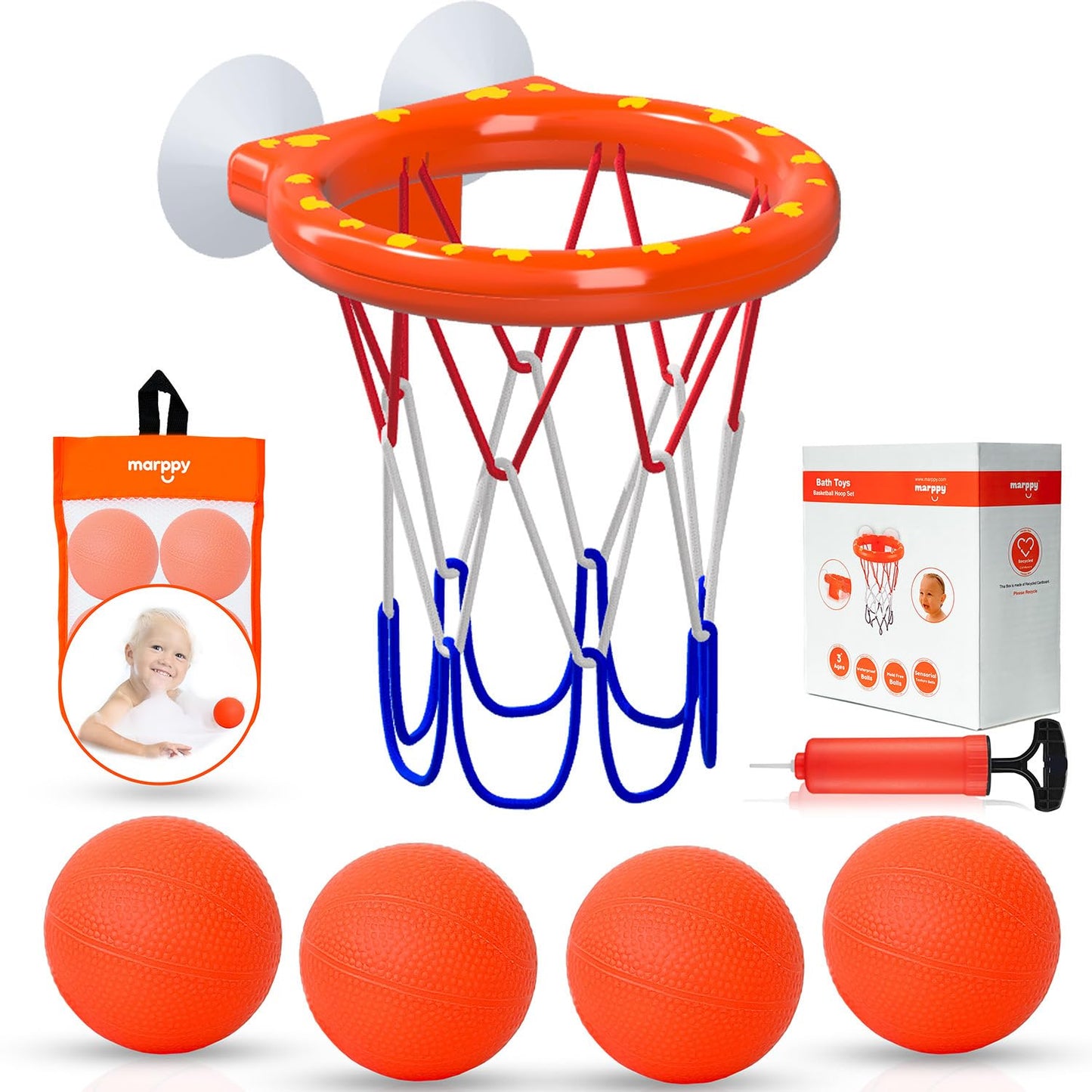 Bath Toys – Bathtub Basketball Hoop for Toddlers, Kids, Boys and Girls | 4 No-Hole Balls & Strong Suction Cups | Fun Basketball Bath Toy for Toddlers