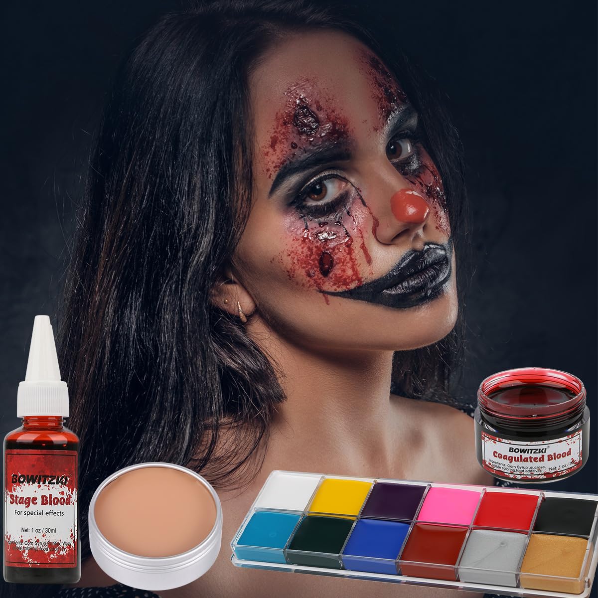 Bowitzki Halloween Makeup Special Effects Oil Face Body Paint Fake Blood Scar Wax Charred Ash Powder with Sponges Brush Halloween Party SFX Cosplay