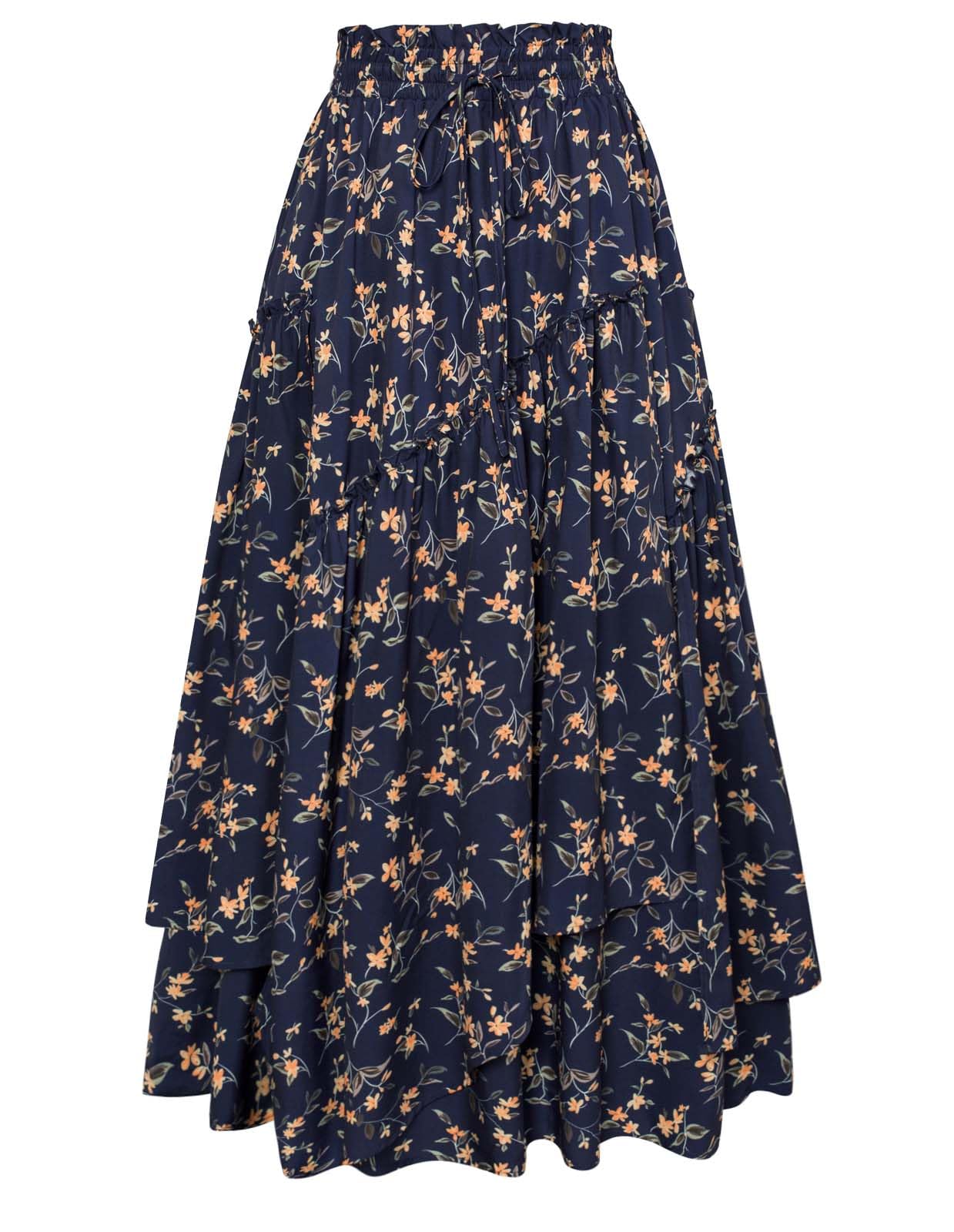 Women Floral Print Boho Skirt Elastic High Waist Long Maxi Skirts with Pockets Navy Yellow Floral L