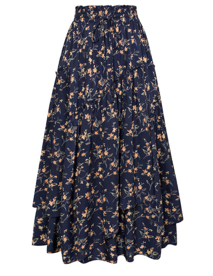 Women Floral Print Boho Skirt Elastic High Waist Long Maxi Skirts with Pockets Navy Yellow Floral L
