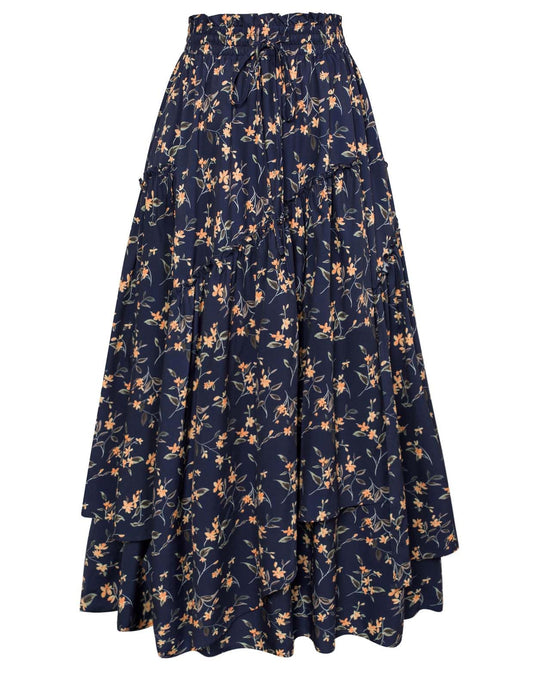 Women Floral Print Boho Skirt Elastic High Waist Long Maxi Skirts with Pockets Navy Yellow Floral L