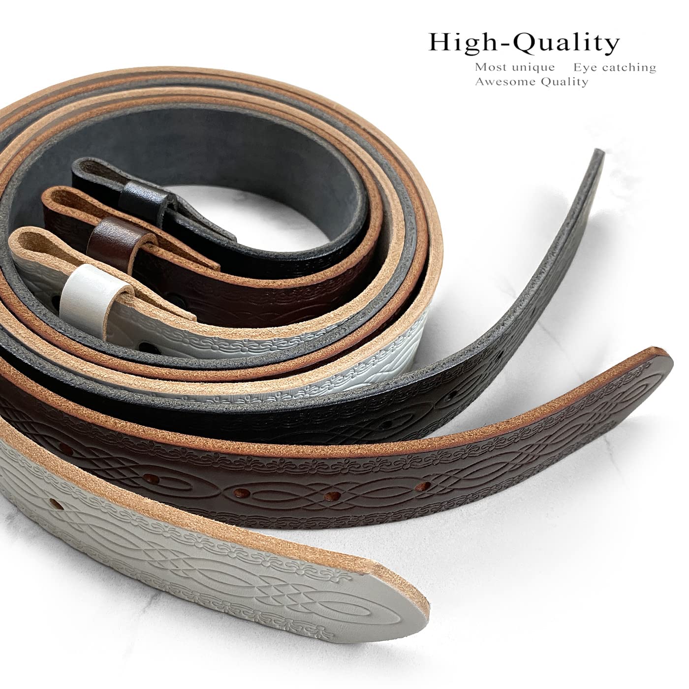 BS085 Genuine Full Grain Engraved Embossed Leather Belt Strap with Snaps on 1-1/2"(38mm) Wide (White, 42)