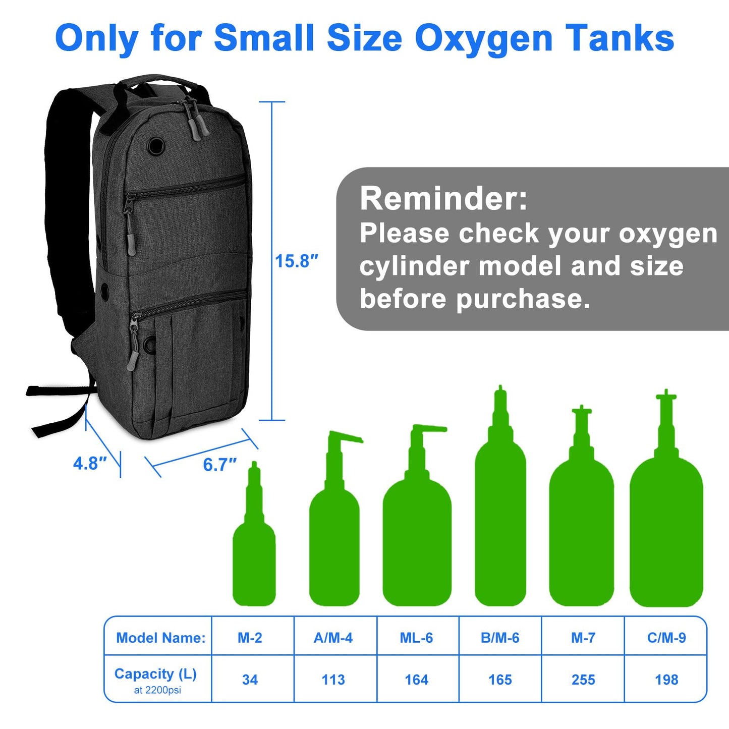 iGuerburn Portable Oxygen Tank Backpack for Small Size M2, A/M4, ML6, B/M6, M7, C/M9 Cylinders