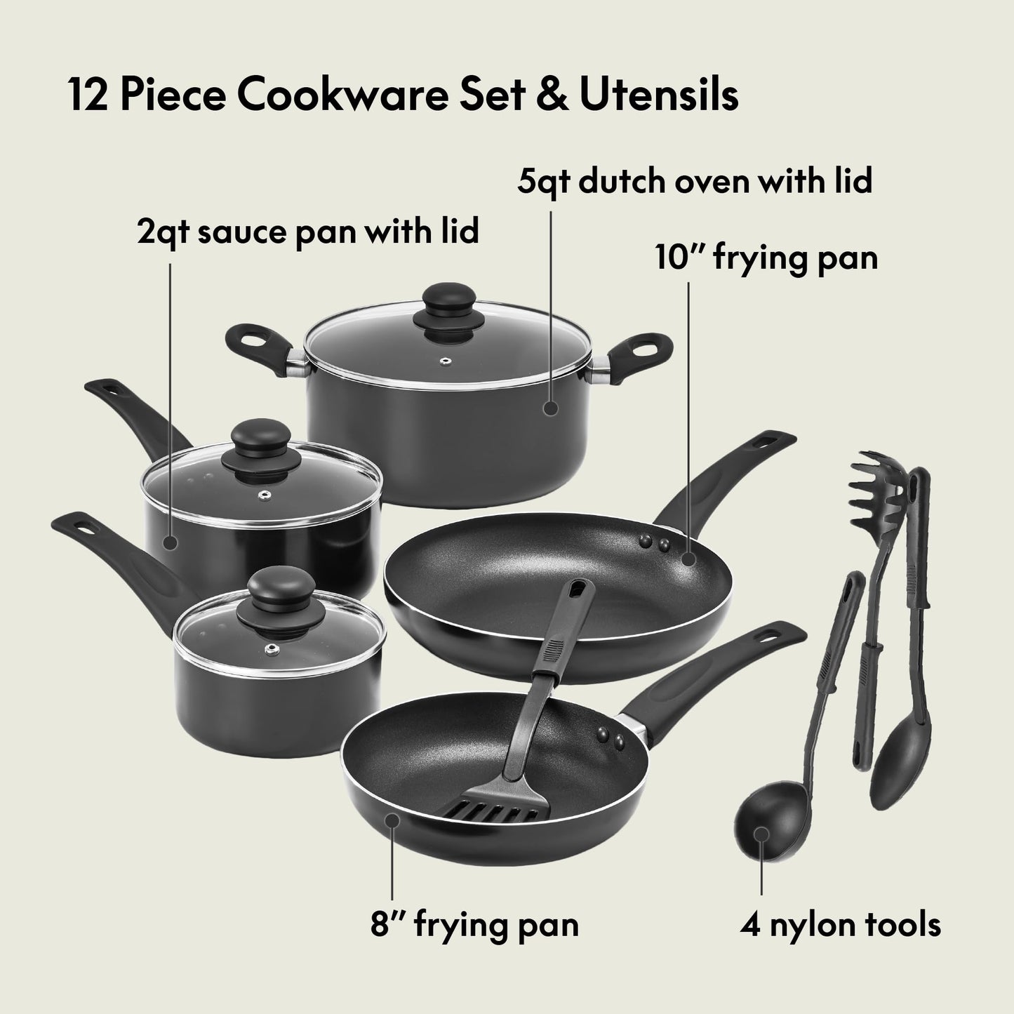 bella Cookware Set, 12 Piece Pots and Pans with Utensils, Nonstick PFOA Free Scratch Resistant Cooking Surface Compatible with All Stoves, Nylon and Aluminum, Black