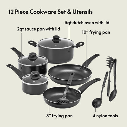 bella Cookware Set, 12 Piece Pots and Pans with Utensils, Nonstick PFOA Free Scratch Resistant Cooking Surface Compatible with All Stoves, Nylon and Aluminum, Black