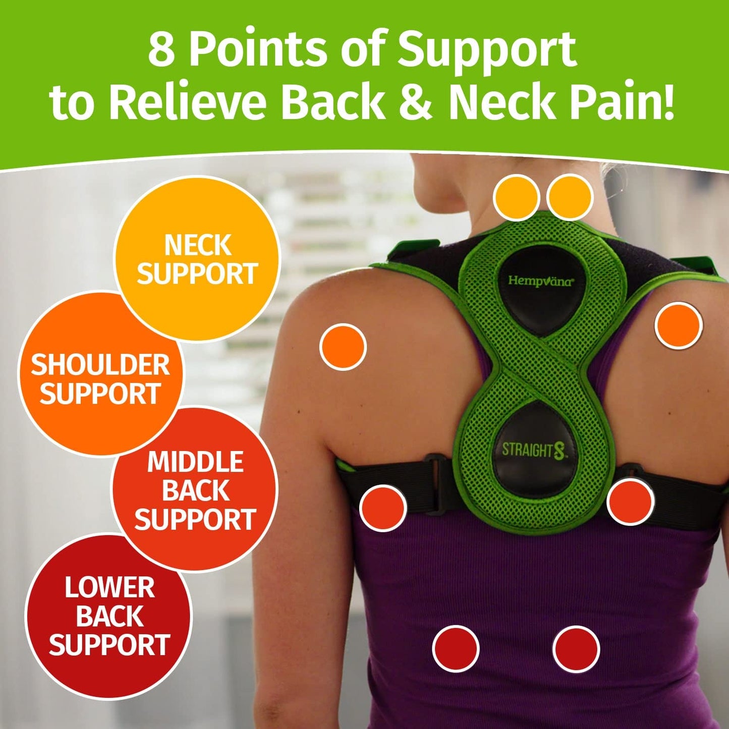 Hempvana Straight 8 Fully Adjustable Lightweight Posture Corrector, AS-SEEN-ON-TV, Helps Relieve Back Strain, Slouching & Text Neck, Moisture-Wicking Hemp Fibers, Eight Points of Support, Unisex