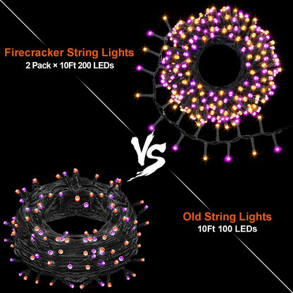BSGlobal Purple Orange Halloween String Lights Battery, Total 20Ft 400 LED Cluster String Lights with Timer 8 Modes Firecracker Lights Outdoor Waterproof for Tree Home Decor