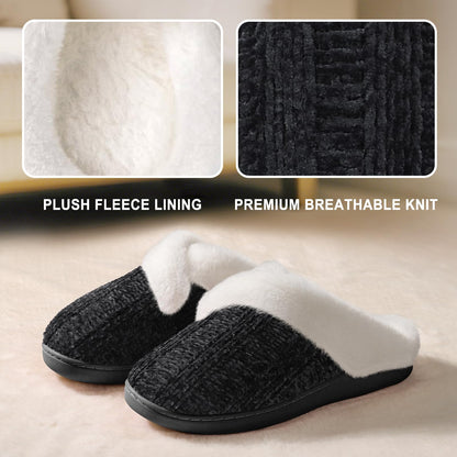 Black Slippers for Women Fuzzy House Slip on Indoor Outdoor Bedroom Furry Fleece Lined Ladies Comfy Memory Foam Female Home Shoes Anti-Skid Rubber Hard Sole Black Size 11-12