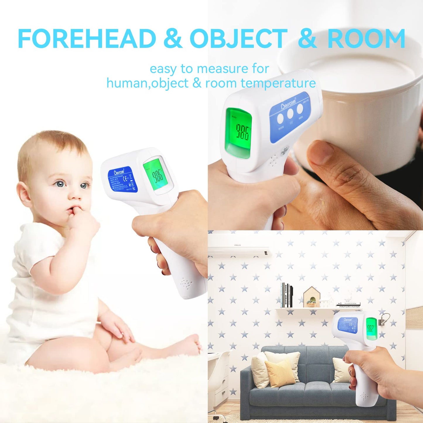 Berrcom Infrared Forehead Thermometer, Digital Non-Contact Thermometers for Adults, Kids & Babies, 3-in-1 Fever Check Temperature Gun for Home Use