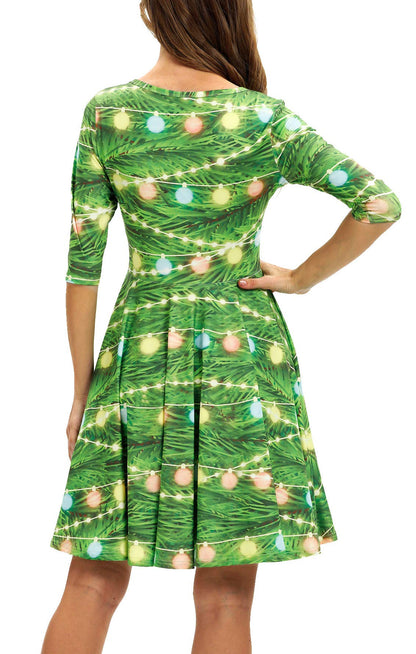 Ainuno Womens Teen Girls Green Christmas Dress Funny Cute Fit and Flare Dresses,Christmas Lights XL