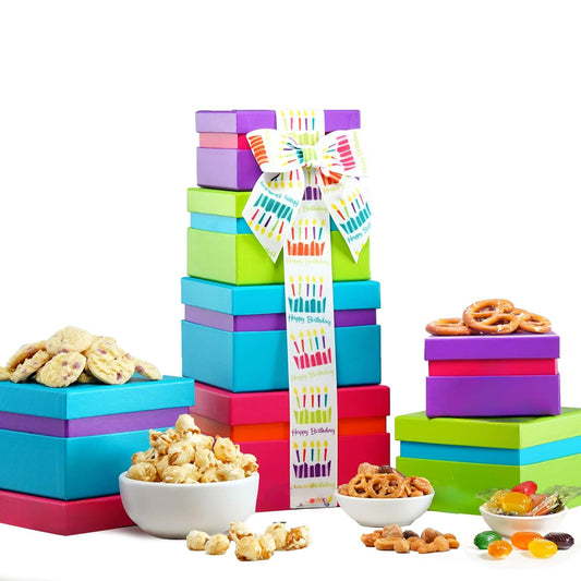 Broadway Basketeers Birthday Gift Basket Tower - Birthday Snack Box with Sweet and Savory Treats for Men, Women, & Kids