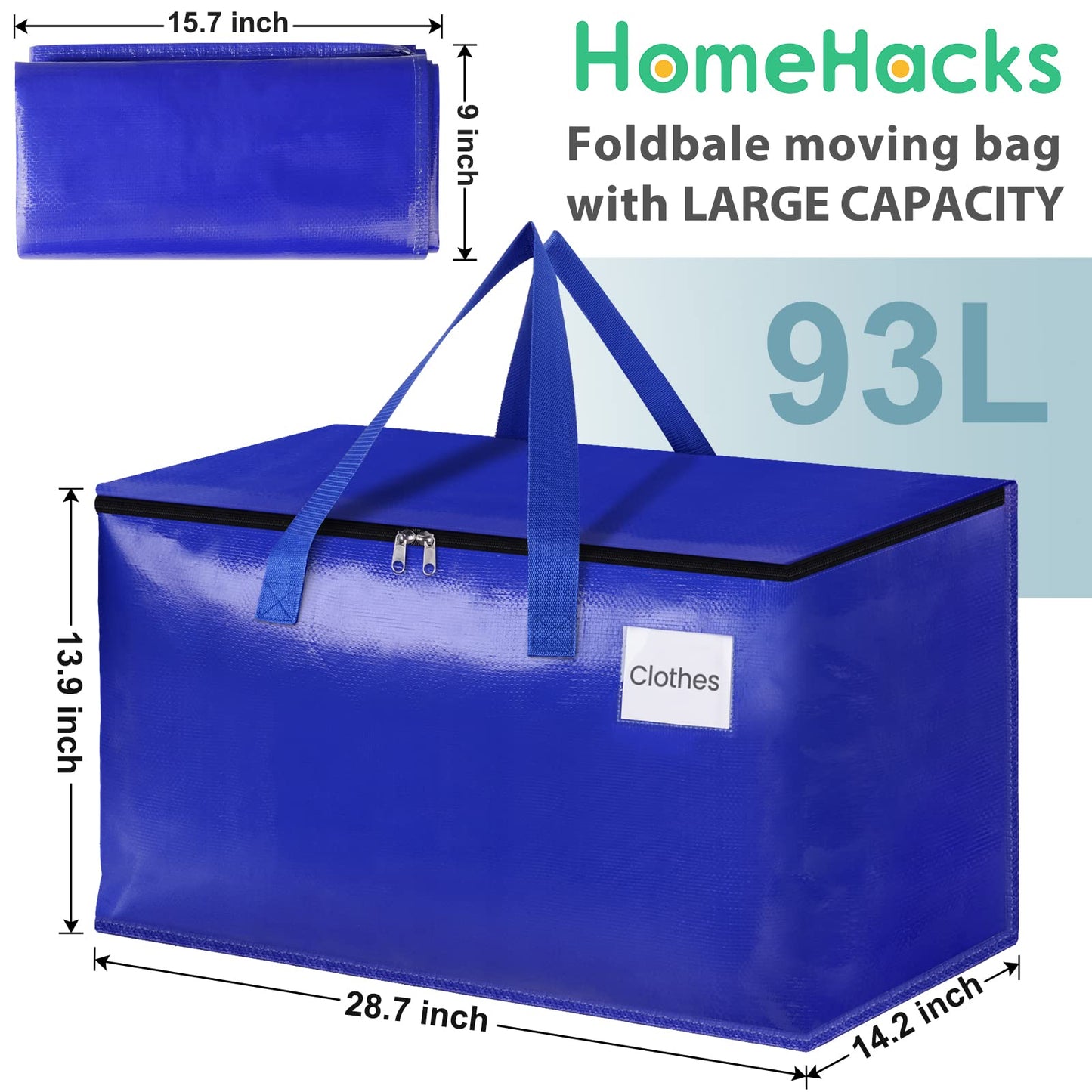 HomeHacks Moving Bags, 8-Pack Heavy Duty with Strong Zippers and Handles Collapsible Moving Supplies, Storage Totes for Packing & Moving Storing 93L-8 Pack (Blue)
