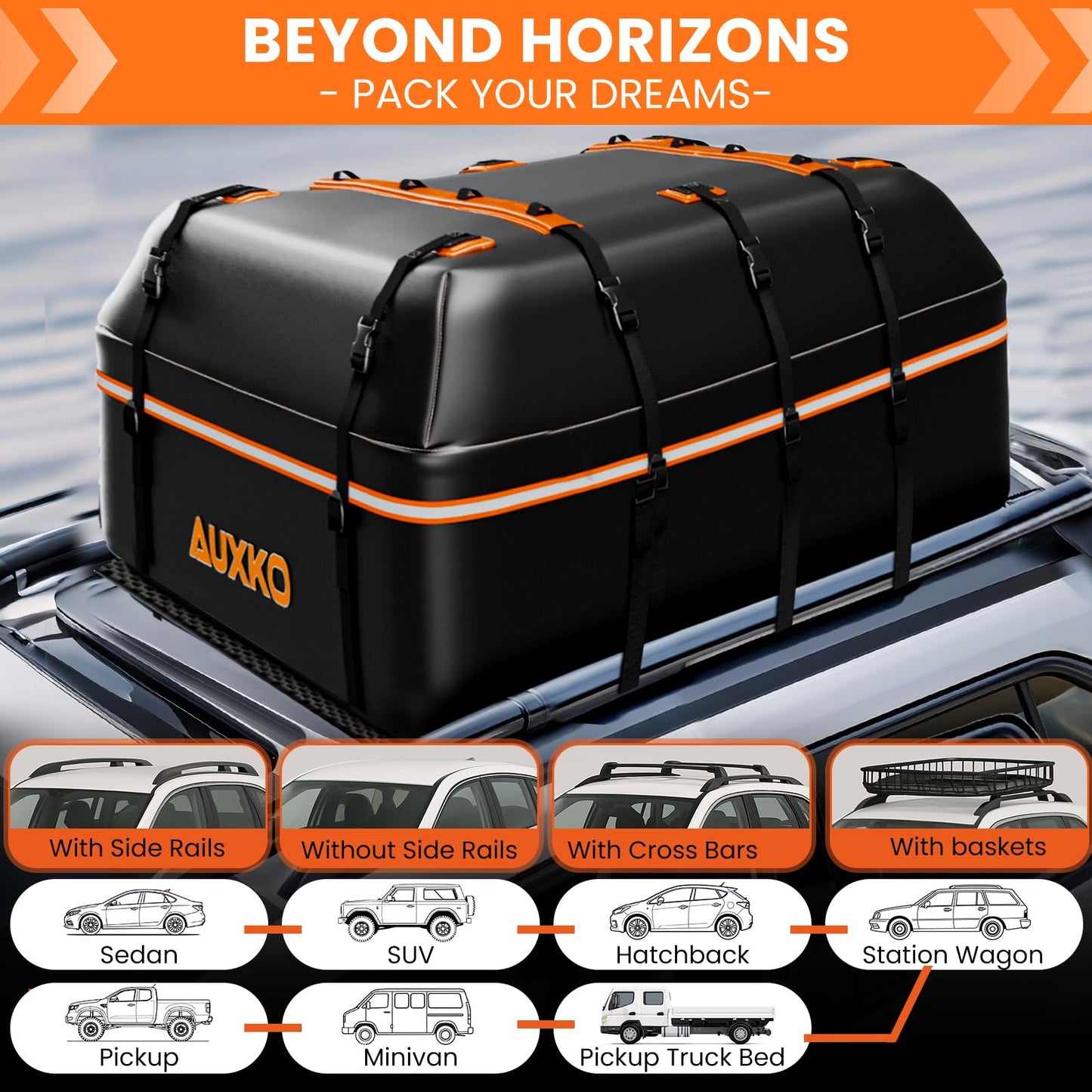 AUXKO 22 Cubic Ft Waterproof Rooftop Cargo Carrier Bag for All Vehicles with/Without Roof Rack, Soft Shell Car Roof Bag with Reflective Strip Includes Anti-Slip Mat, 6 Door Hooks & Combination Lock
