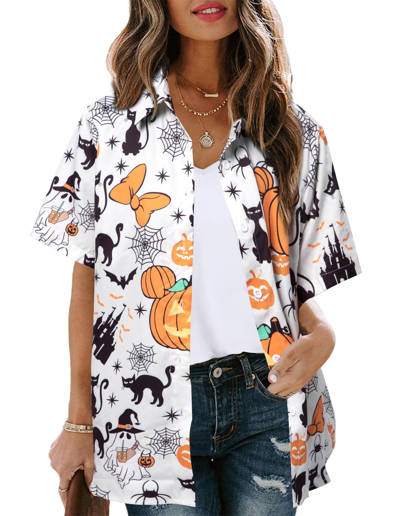Womens Halloween Hawaiian Shirt Cute Pumpkin Spooky Castle Graphic Tee Magical Halloween Short Sleeve Button Up Tops