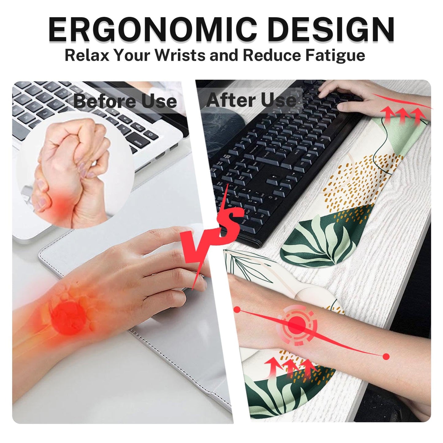 Britimes Keyboard Mouse Pad Set 4in1 Large Mousepad+Keyboard Wrist Rest+Mouse Wrist Rest+Coaster Set with Ergonomic Design for Home Office Computer 35.4x15.7Inches (Green Boho Leaves)